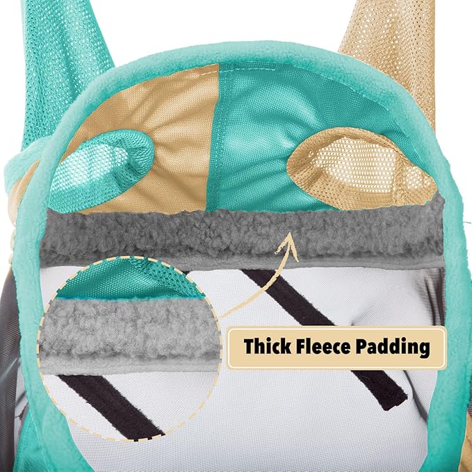 Harrison Howard Pro Luminous Horse Fly Mask Standard with Ears UV Protection for Horse Champagne Gold/Mint Medium Cob