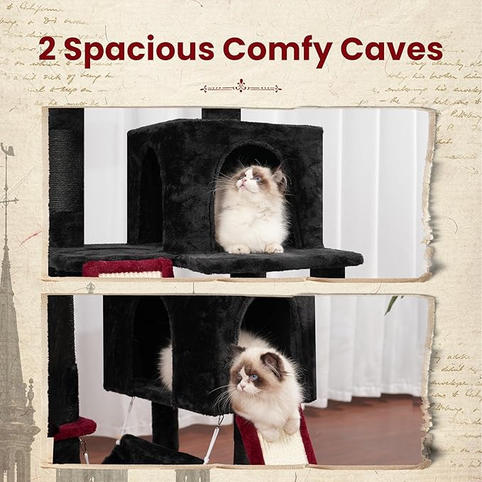 Cat Tree for Indoor Cats, 71'' (180cm) Multi-Level Cat Tower for Large Adult, Gothic Sturdy Cat Tree House with 2 Scratching Boards 7 Posts, 2 Plush Perches/Condos, Hammock, Black GCT032BR