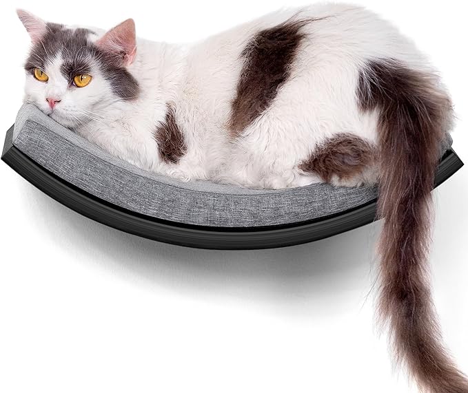 Curved Cat Wall Hammock Bed with Grey Foam Cushion – Floating Cat Wall Shelf Nest for Climbing, Sleeping & Lounging