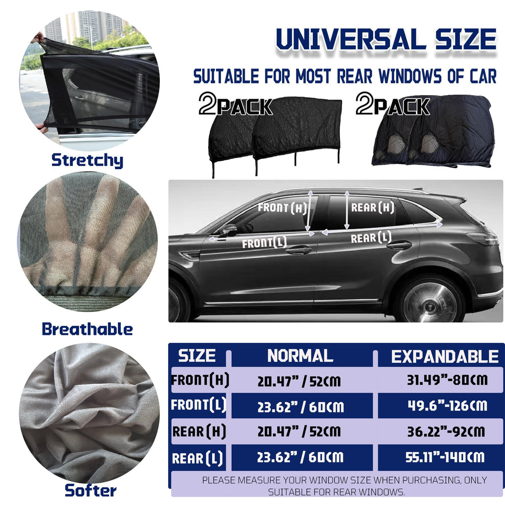 Car Rear Window Screens for Side Windows, 2 Pack Side Window Sun Shades,Stretchy Mosquito Net Cover Fit Cars SUVs - Up to 36.22”x55.1”