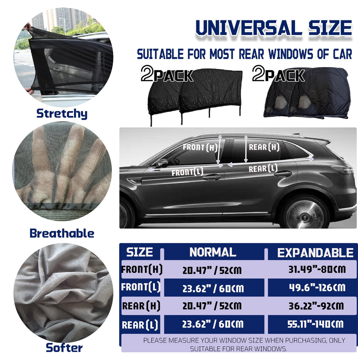 Car Rear Window Screens for Side Windows, 2 Pack Side Window Sun Shades,Stretchy Mosquito Net Cover Fit Cars SUVs - Up to 36.22”x55.1”