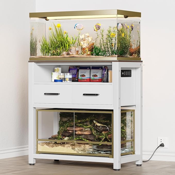20-29 Gallon Fish Tank Stand with Power Outlet & 2 Storage Drawers, Heavy Duty Metal Frame Aquarium Stand with Waterproof Mat, 30.7" L*15.7" W Tabletop, 550LBS Capacity, White+Brown