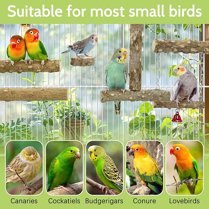 BNOSDM Natural Wood Bird Ladder Perch 6Pcs Parrot Stand Branches Climbing Chewing Stick Parakeet Swing Toys Cage Accessories Paw Grinding Fork Sets for Lovebirds Cockatiels Conure Budgies