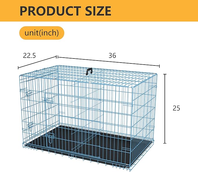 FDW Dog Crate for Medium Dogs 36 Inch Folding Metal WirePet Cage Double Door W/Divider Panel Indoor Outdoor Kennel Leak-Proof Plastic Tray,Blue