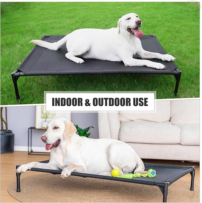 Elevated Dog Bed for Large Dogs, Raised Dog Cot Fits Up to 120 LBs, Heavy Duty Pet Cots with Durable Supportive Teslin Recyclable Washable Mesh, Indoor & Outdoor Pet Bed, Black