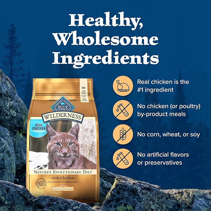 Blue Buffalo Wilderness High-Protein, Grain-Free Natural Dry Food for Adult Cats, Weight Control, Chicken, 11-lb Bag