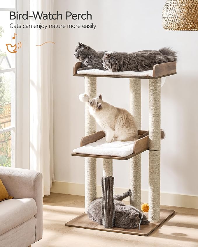 FourFurPets 43.7" Cat Tree, Modern Cat Tree Tower, Cat Tower for Indoor Cats Large Adult, Cat Condo with Scratching Post, Large Perch and Removable Pads, Greige