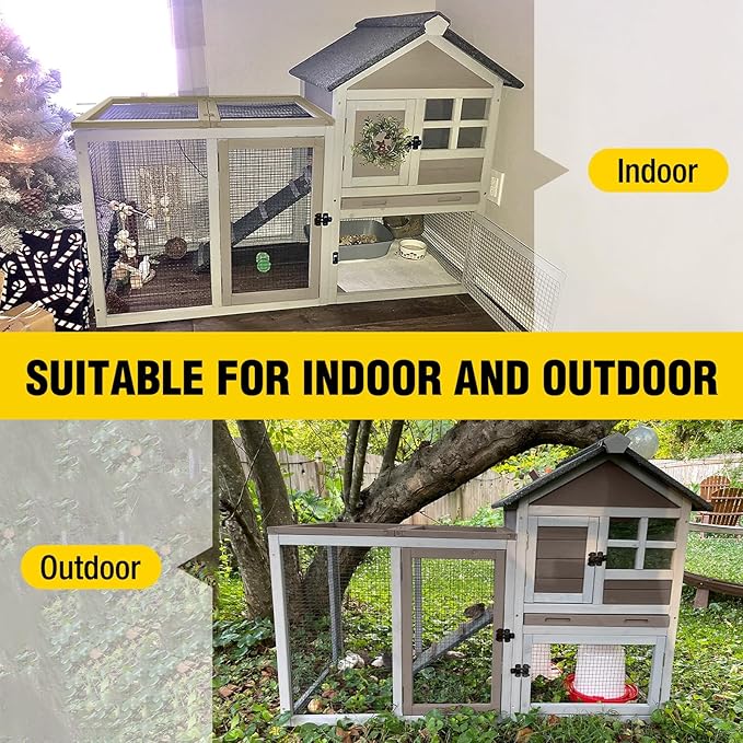 Aivituvin Large Rabbit Hutch Indoor Bunny Cage Outdoor with Run Chicken Coop Guinea Pig House with Waterproof Asphalt Roof,No Leakage Pull Out Tray (103.2" L x 25.2" W x 36.2" H,Brown-2 Sets)