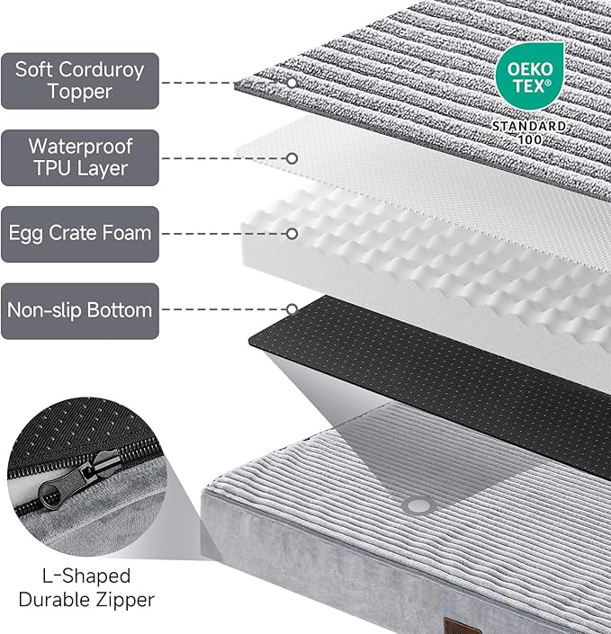 OhGeni Orthopedic Waterproof & Machine Washable Dog Bed for Medium Large Pets, Cat Mat with 25D Egg Crate Foam, Non-Slip Bottom & Removable Cover, Invisible Zipper, 44 Inches(Gray)