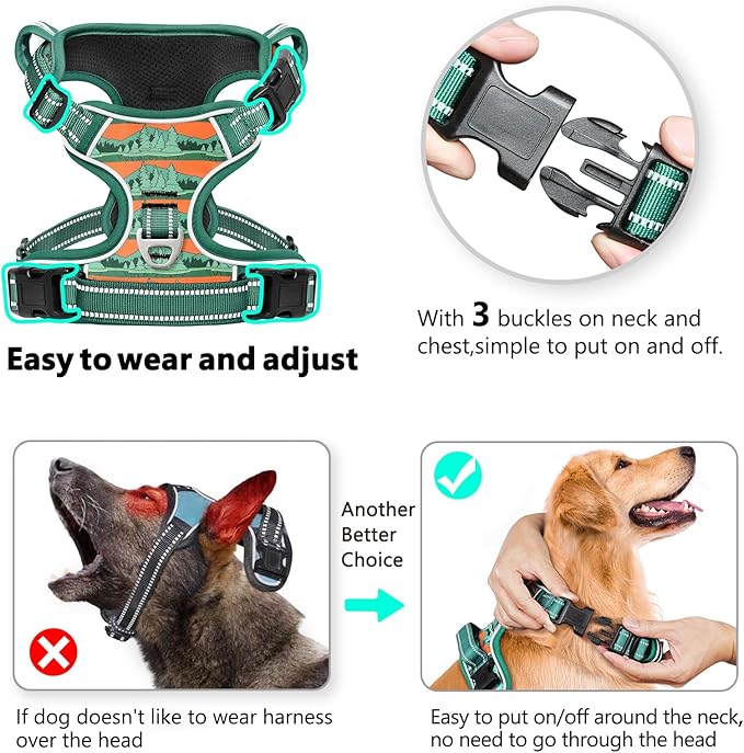 Timos No Pull Dog Harness,No Choke Front Clip Dog Reflective Harness,Adjustable Soft Padded Pet Vest with Easy Control Handle for Large Dogs,Wilderness,L