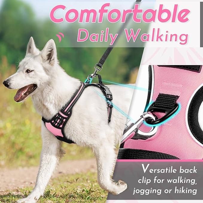 Eagloo Dog Harness Large Breed, No Pull Service Vest with Reflective Strips and Control Handle, Adjustable and Comfortable for Easy Walking, No Choke Pet Harness with 2 Metal Rings, Pink, XL