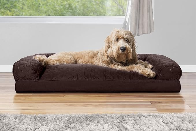 Furhaven Pillow Dog Bed for Large/Medium Dogs w/ Removable Bolsters & Washable Cover - Quilted Sofa - Coffee, Large