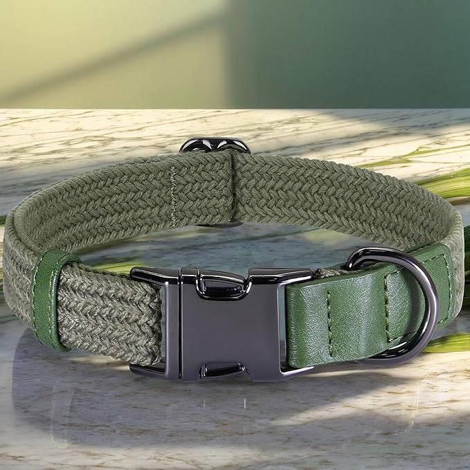 PET ARTIST Soft Cotton Dog Collars for Small Dogs in Stylish Green, Simple Dog Collar with Quick Release Metal Buckle & D Ring, S Size (10-16")