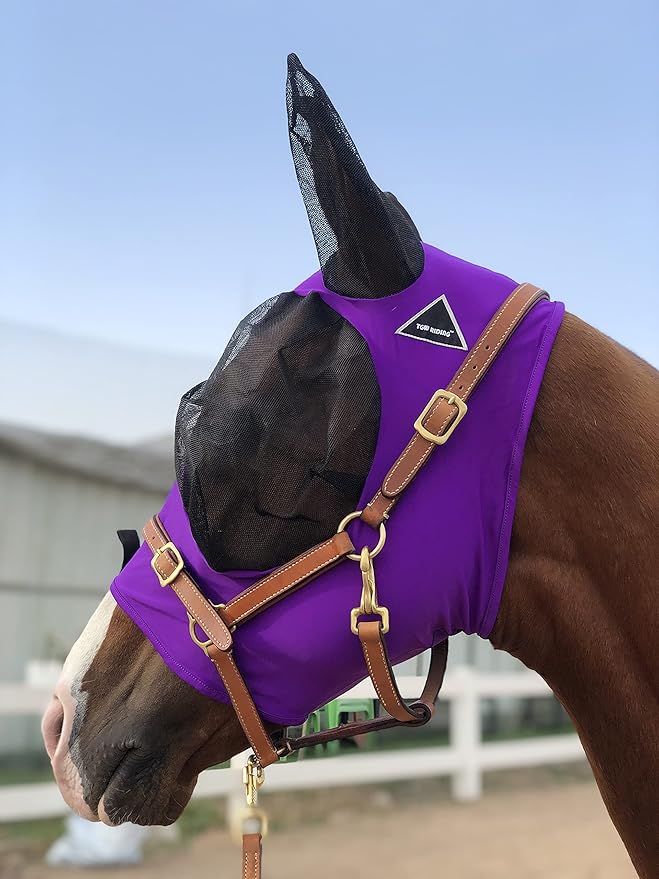 Horse Fly Mask Super Comfort Horse Fly Mask Elasticity Fly Mask with Ears We Only Make Products That Horses Like… (Dk Purple, L)
