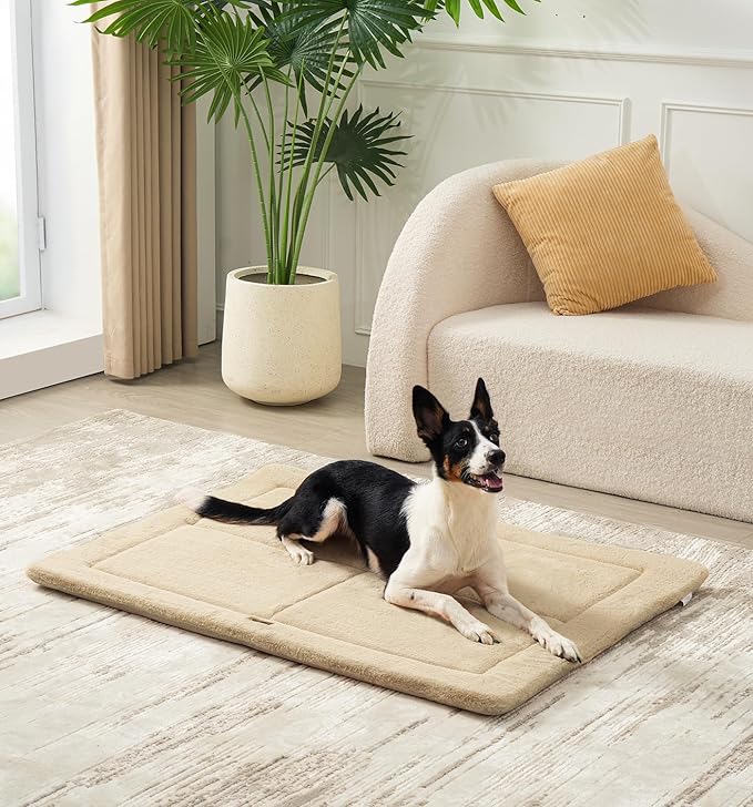 Made4Pets Dog Crate Pad Bed for Extra Large Dogs, Washable & Reversible, Anti-Slip Kennel Mat for Cozy Sleeping, Soft Fluffy Dog Bed for Indoor & Outdoor Use, 48"x30", Beige