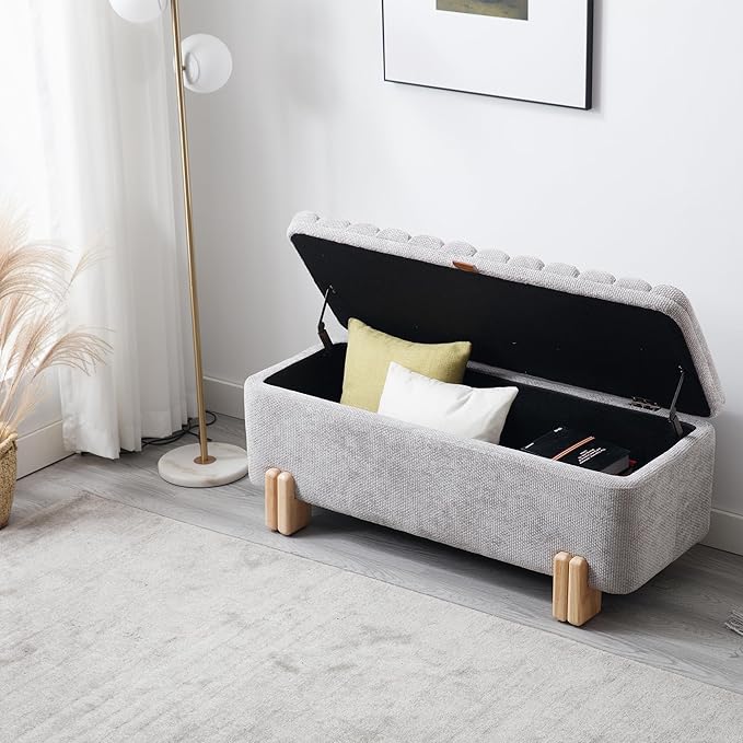 Wavy Ottoman Storage Bench Multi-Functional Narrow Entryway Bench Elegant End of Bed Bench with Storage and Safty Hinge for Living Room Entryway Hallway Bedroom Boutique, Grey