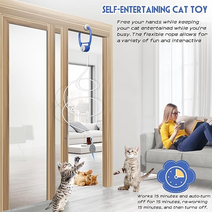 Cat Toy Interactive for Indoor Cats, Smart USB Rechargeable Door Hanging Automatic Retractable Kitten Toys, Teaser Electronic Self Play Feather Cat String Toys Attached with 3 Catnip Mice Blue