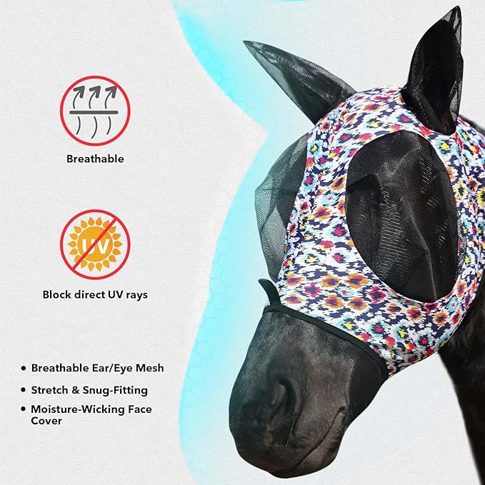 Harrison Howard Super Comfort Stretchy Fly Mask Large Eye Space with UV Protection Soft on Skin with Breathability Geo Feather XL