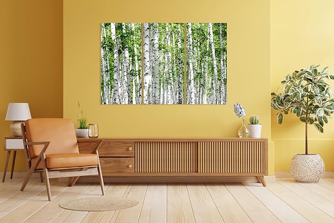 Nature Wall Art Prints - Ocean Forest Mountain Lake Canvas Landscapes - Small to Extra Large Living Room Bedroom Kitchen Bathroom Décor (Green Brich Trees, 31L" x 47W" - 3 Panels)