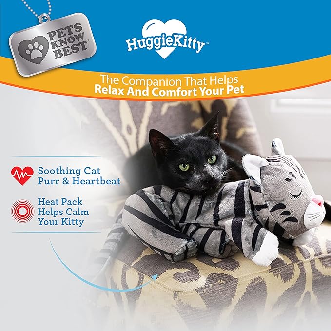 Pets Know Best HuggieKitty | Comfort Purring Companion with Heartbeat Sleep Aide for Cats & Kittens, Heating for Calming Relief, Carrier & Behavioral Training Essential, Breeds, Grey