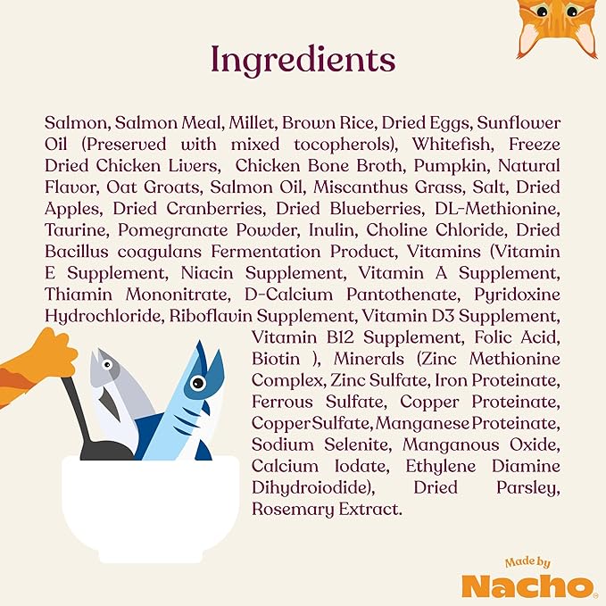 Made by Nacho Dry Cat Kibble 4lb Bag, High Protein Premium Cat Food with Freeze Dried Pieces, Sustainably-Caught Salmon, Whitefish & Pumpkin, Limited Ingredients, Single Bag