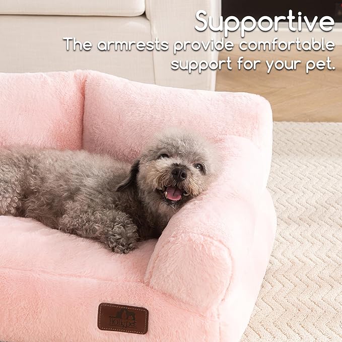 Hollypet Fluffy Plush Pet Cat Couch Soft Calming Pet Sofa Beds for Medium Small Cats and Dogs, Pink