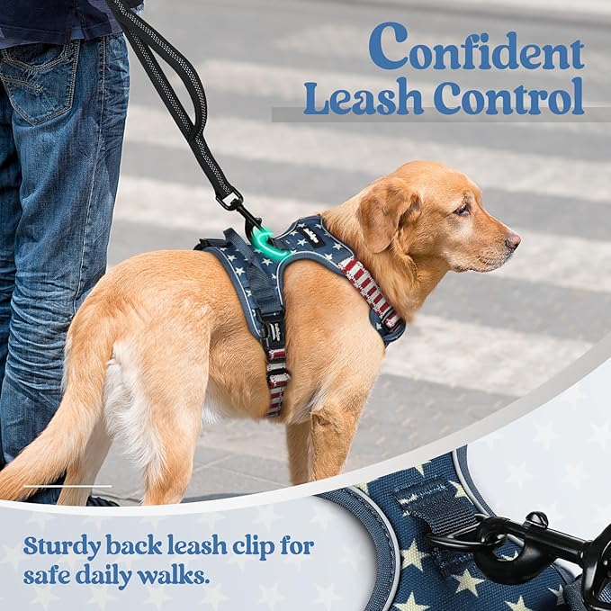 rabbitgoo Dog Harness No Pull with 2 Leash Clips, Adjustable Soft Padded, Reflective Oxford No Choke Pet Vest with Easy Control Handle for Large Dogs, Blue Star, M