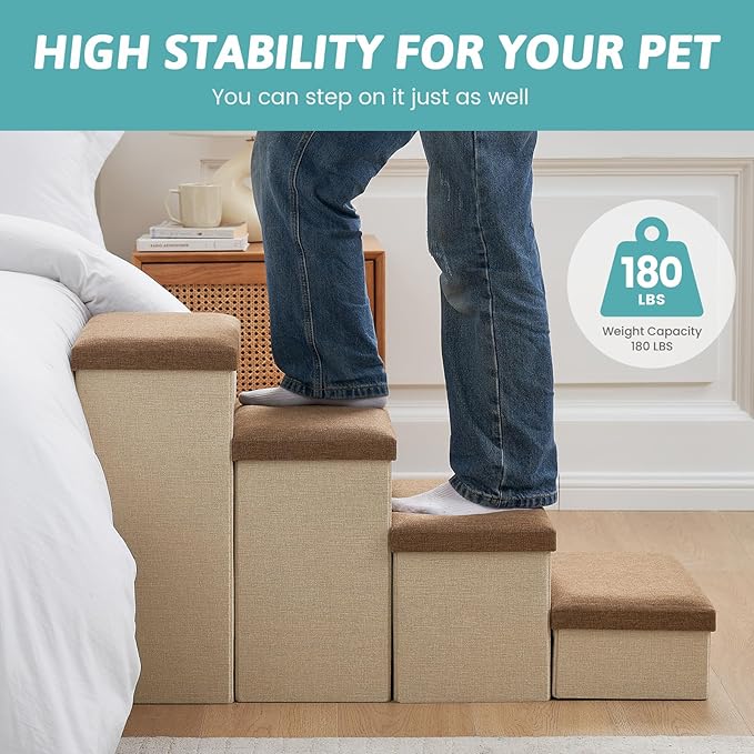 Dog Stairs with Storage, 4-Step Wider Sturdy Dog Steps for Small/Medium/Large Dogs and Older Cats, Folding Doggie Ramp for Bed/Couch/Car Hold Up to 180 lbs (22" H, Brown)