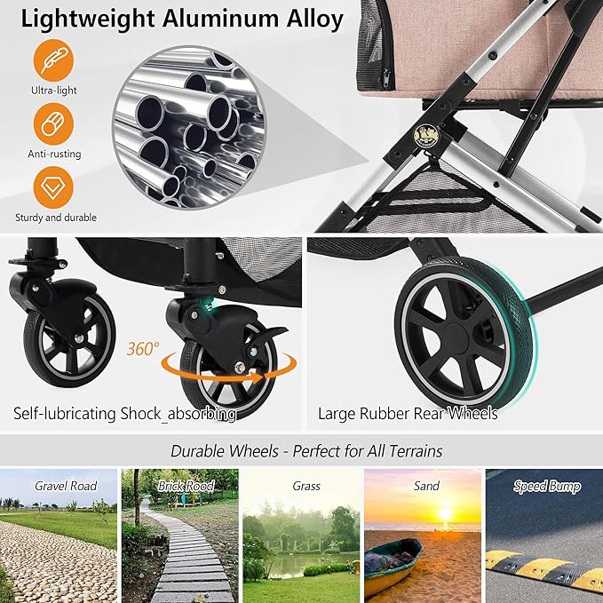 Medium Dog Stroller, Kenyone Pet Stroller for Medium Dogs Up to 55lbs, Lightweight Aluminum Frame, One Click Folding, Large Cat Stroller with No Zip Entry, Detachable Mesh, Multiple Pockets