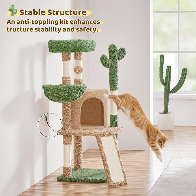 Yaheetech Cactus Cat Tree, 42in Cat Tower for Indoor Cats, Multi Level Kitten Condo Scratching Post, Pet Activity Center Furniture w/Ball, Plush Perch, Platform, Basket, Brown/Green