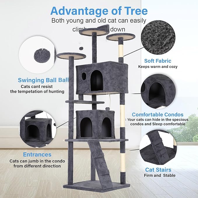 FDW Cat Tree Tower 81in Multi-Level Durable Cat Scratching Post & Cozy Fun Jumping Platform Space Saving Condo Pet Play House for Indoor Cats,Dark Gray