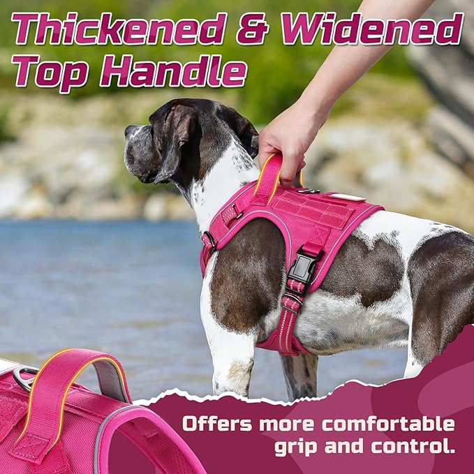 rabbitgoo Tactical Dog Harness for Large Dogs, No Pull Military Service Vest with Handle & Molle, Easy Control for Training Walking, Adjustable Reflective Straps, Rose Red, L