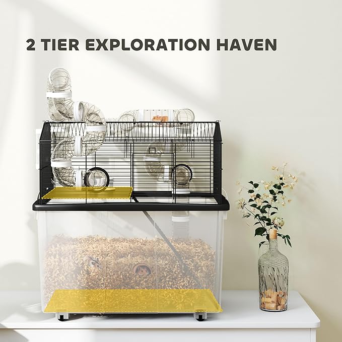 PawHut Large Hamster Cage with 12" Deep Tray, 2 Tier Gerbil Cage with Tube System, Water Bottle, Ramp, Feeding Bowl, 23" x 17" x 22", Black