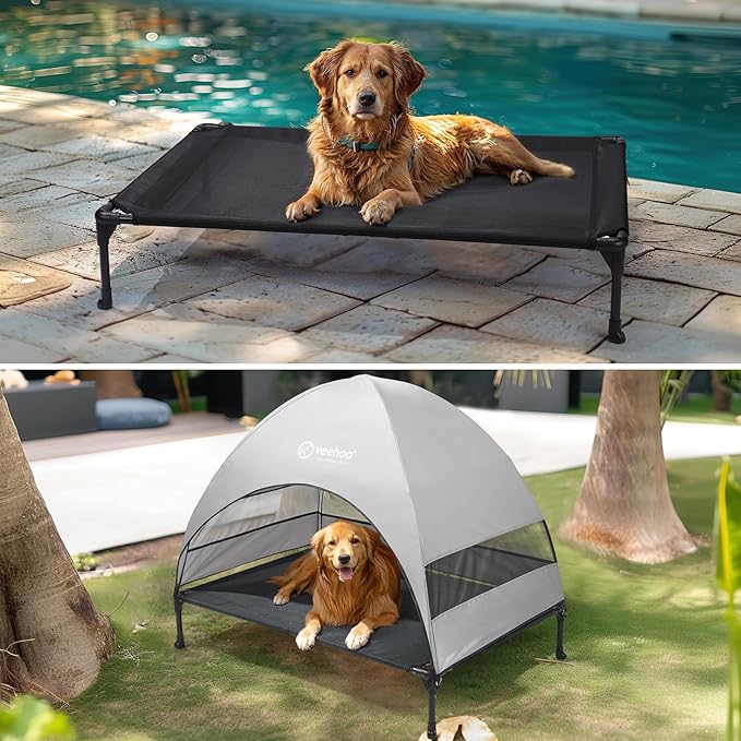 Veehoo Outdoor Dog Bed with Canopy, Cooling Elevated Pet Cot with Removable Shade, Non-Slip Feet, Raised Dog Cot for Large Dogs, Pet Tent Bed for Camping, Beach, Large, Black, CWC2411