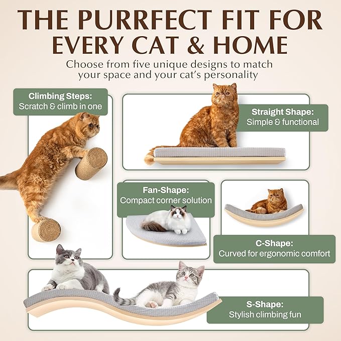 Extra Large 35.4” × 11.6” Stylish Cat Wall Shelves with Soft Cushion, Modern Wall-Mounted Cat Tree Furniture & Perch, Sturdy/Hidden Mounts, Machine Wash Cover, Sleek Design- CALLICO HAVEN Wave S-Shape