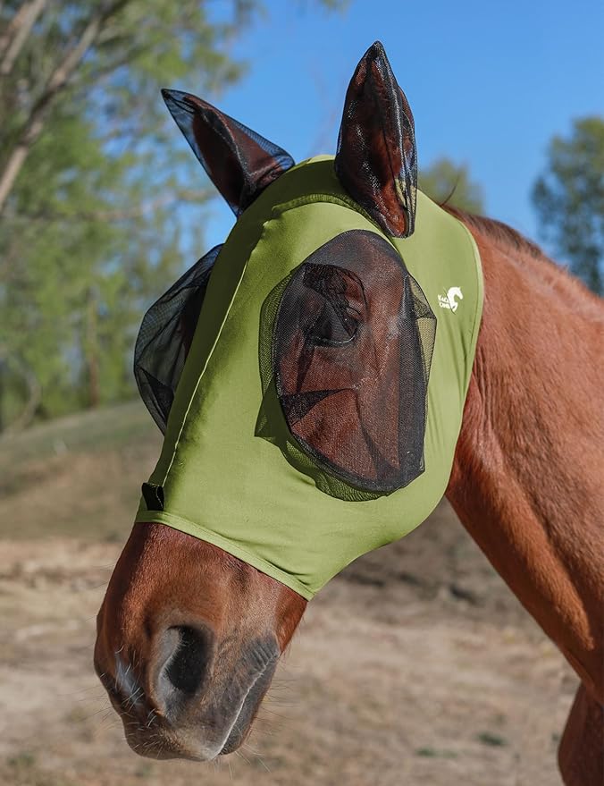 Horse Fly Mask with Ears, UV Protection for Horses, Elasticity with Big Mesh Eye Covers, Snug Fitting Comfortable Breathable Lightweight for Horses Olive Green Cob