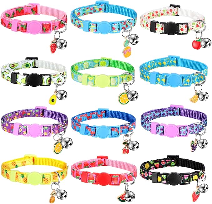 Frienda 12 Pcs Spring Summer Breakaway Cats Collars Girl Cat Safety Adjustable Collars with Bell and Summer Fruit Patterns Pendants Set for Pets Decoration(Medium)