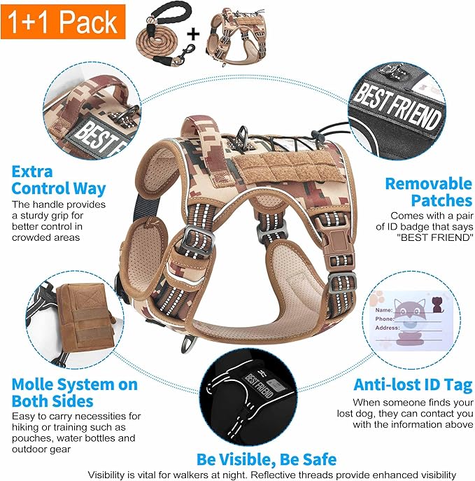 Heavy Duty Tactical Dog Harness for Large Dogs, No Pull Adjustable Pet Harness Reflective Service Training Easy Control Pet Vest Military K9 Working Dog Harnesses- Large, Desert Camo