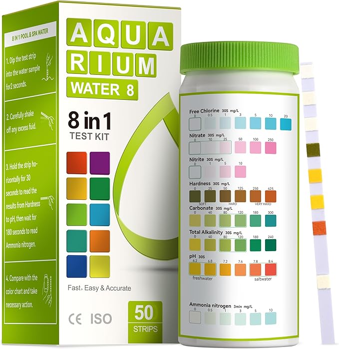 AAwipes 8-in-1 Aquarium Test Kit for Fish Tanks - Quick & Accurate Water Testing Strips for Aquariums & Ponds. Tests pH, Ammonia, Alkalinity, Hardness, Chlorine, etc. (K02-50)