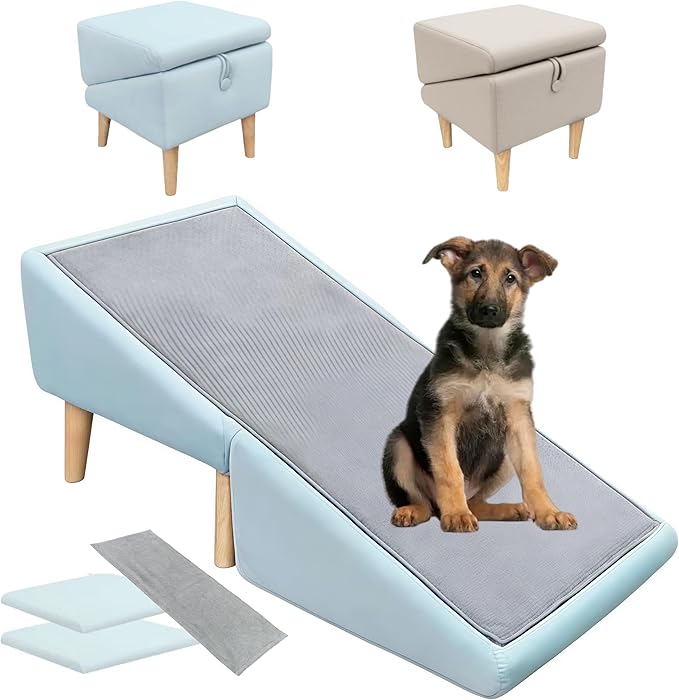 Split Ottoman Dog Ramp, Folding Pet Ramps Stairs for Couch, Pet Ramps Stairs for Small and Large Dogs, Holds up to 220 lbs (Blue - 2 Pads & 2 Covers, One Size)