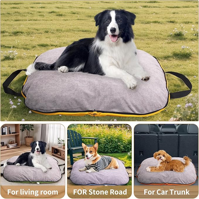 Portable Waterproof Dog Mat for Camping, Patio & Travel - Foldable Outdoor Dog Bed with Teflon Shell & Removable Plush Pad - Easy Clean, Durable - L (Denime Blue)