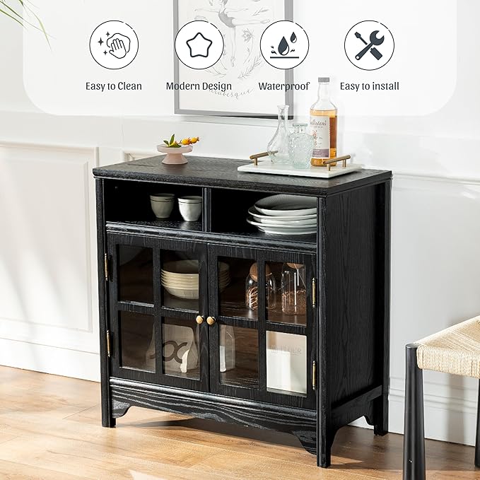 Chogori 31.5" Solid Wood Buffet Cabinet with Storage, Farmhouse Sideboard with 2 Doors, Coffee Bar Cabinet for Dining Room, Kitchen, or Living Room, Black