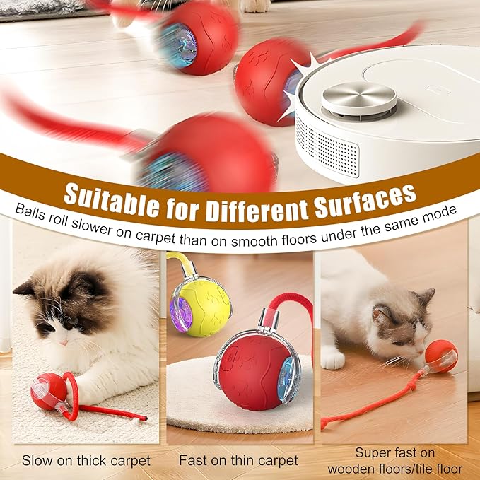 Interactive Cat Toys for Indoor Cats, 2025 New Interactive Cat Toys, Intelligent Automatic Rolling Pet Ball, Automatic Obstacle Avoidance Cat Toy Ball with Rope, Three Modes Adjustment (yellow)