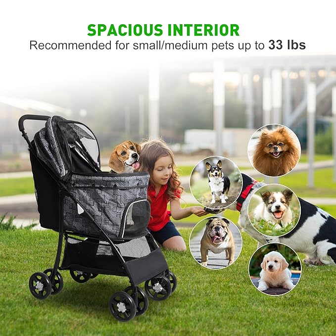 Lightweight Pet Stroller for Small/Medium Dogs and Cats - Foldable Travel Carriage with Storage Basket, Breathable Mesh & 4 Wheels - Up to 33 lbs – Black