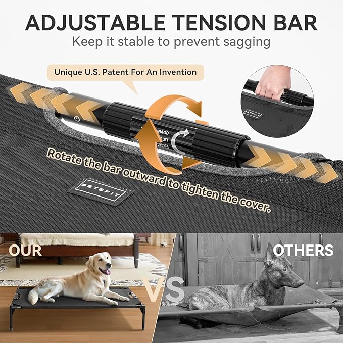 Petsfit Elevated Raised Outdoor Dog Bed - Cooling Elevated Dog Cot, Upgraded Adjustable Firmness Pet Bed，Pet Hammock Bed with Chew Proof Breathable Teslin Mesh，Non Slip, Black 42”
