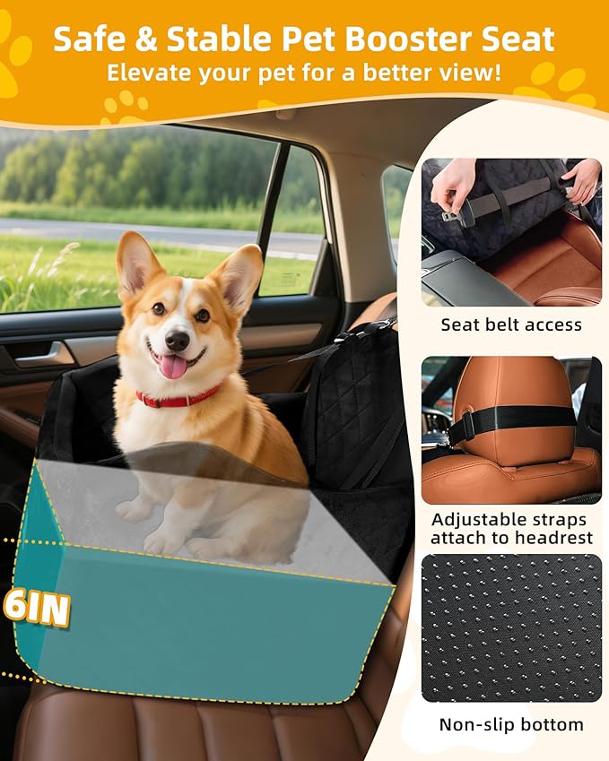 Car Seat Booster for Dog: High-Support Memory Foam Pet Car Seat for Small/Medium Dogs Under 35lbs with Elevated Cushion - Detachable Washable Puppy Travel Bed for Driving with Pockets (Black)