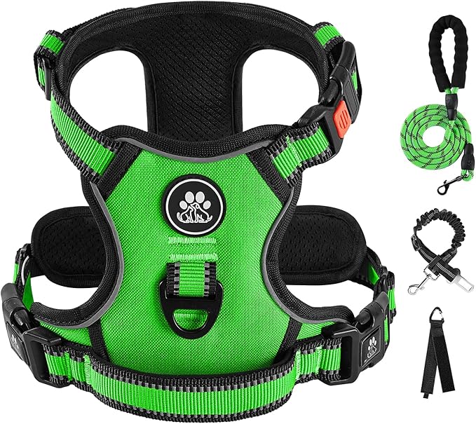 IVY&LANE No Pull Dog Harness for Large Dogs, Dog Vest Harness with Leash, Safety Belt and Storage Strap, Fully Adjustable Harness, 360° Reflective Strip, Soft Handle (Green, L)