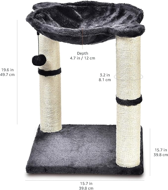Amazon Basics Cat Condo Tower with Hammock Bed and Scratching Post,Easy to Assemble,Plush Hammock,Interactive Hanging Ball, Durable Sisal Scratch Posts for Indoor Cats, 15.8 x 15.8 x 19.7 Inches, Gray