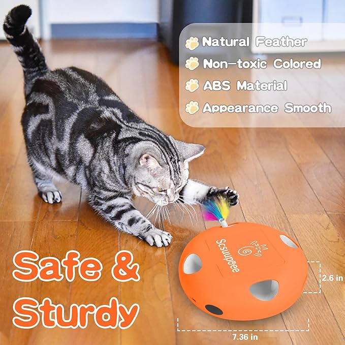Interactive Cat Toy, Electric Cat Toys for Moving Concealed Feathers, Smart Sensor 7 Holes Whack a Mole Feather Toy, USB Charge Automatic Kitten Toys,Orange