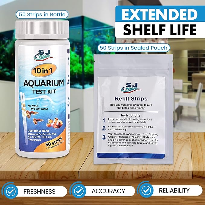 10 in 1 - Aquarium Test Strips | 100 Fast & Accurate Strips | Fish Tank Aquariums Water Test Kit & ebook | Aquarium Thermometer | Fish Tank Water Testing Kit for Fresh & Saltwater | Versatile Usage